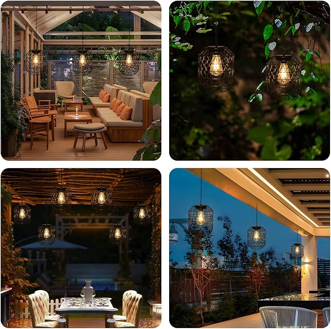Livinlarge Solar Pendant Light,Outdoor Solar Powered Chandelier Hanging Lantern IP44 Waterproof,Gazebo Lights for Yard Patio Balcony Tree Porch Porch Garden Decor
