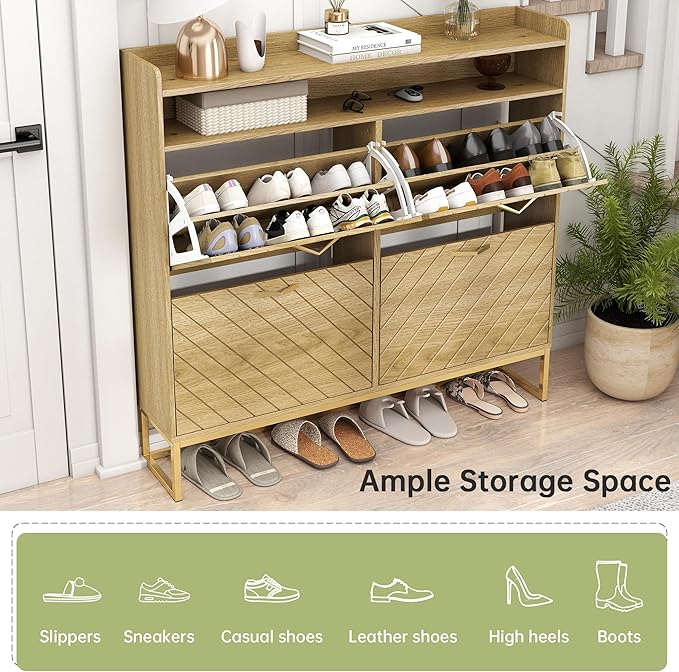 Hadulcet Hidden Shoe Cabinet with 4 Flip Drawers, Long Wood Shoe Storage Cabinet for Entryway Closet, Narrow Freestanding Shoe Rack Organizer w/Adjustable Shelves, Metal Legs, Cupboard, Natural Wood
