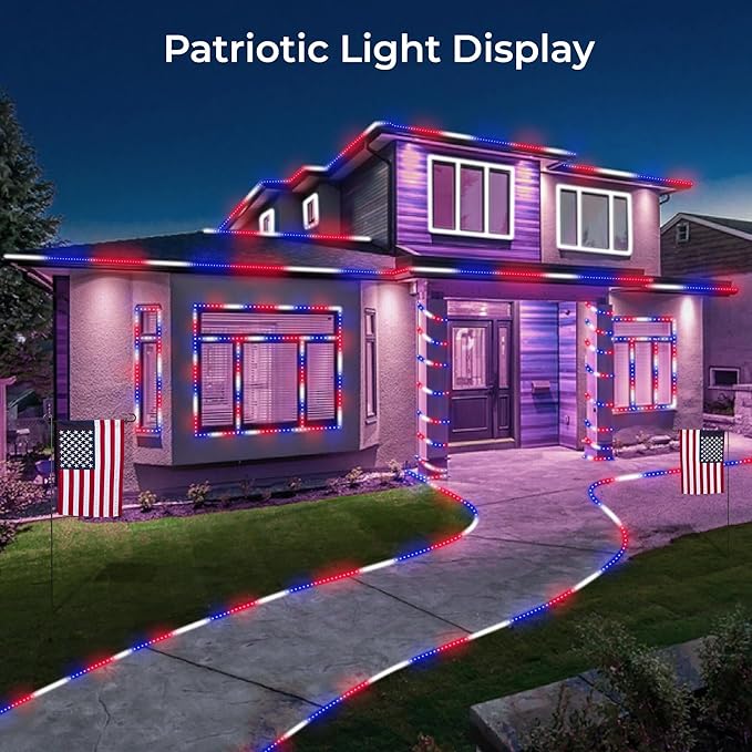 WYZworks 3312LEDs, 300ft LED USA Patriotic American Red White Blue Outside Rope Lights, Outdoor ETL Certified Waterproof Permanent 360 Degree Light, Flexible Tube, Connectable, Palm Tree Exterior