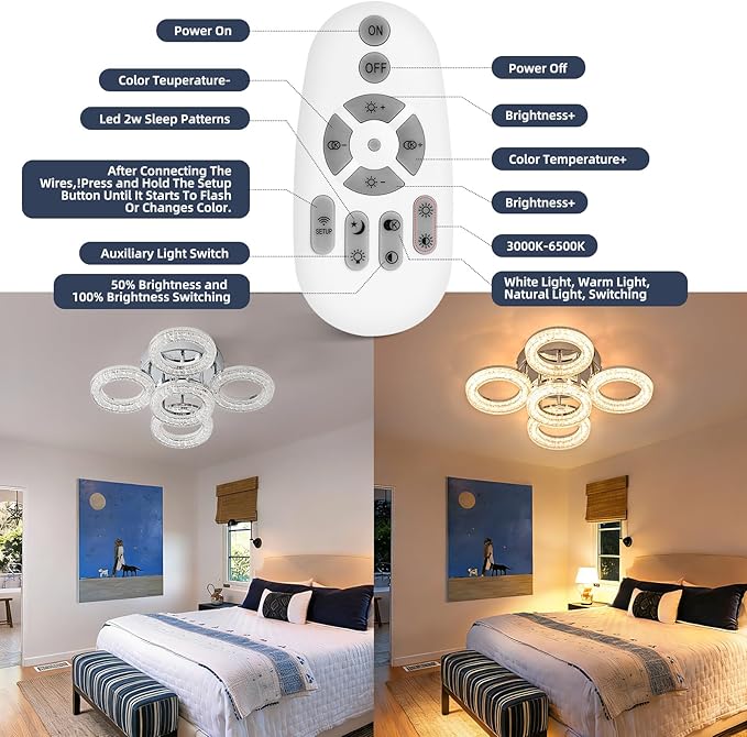 OKELI Modern Ceiling Light, 5 Rings 16.9'' Dimmable LED 49W Flush Mount Ceiling Lights with Remote Acrylic Crystal Round Ceiling Light Fixture, Bedroom Living Room Dining Room, Chrome
