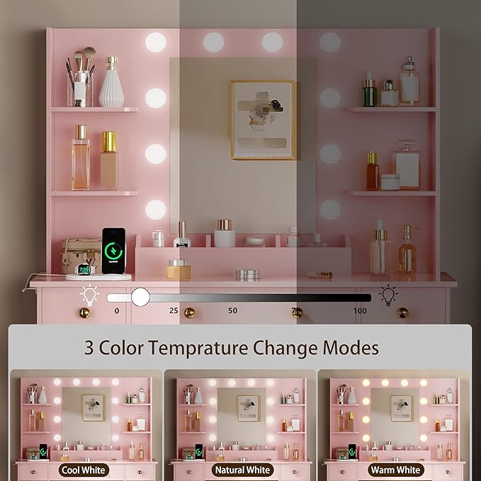 Vanity Desk with Mirror and Lights, Makeup Vanity with Mirror and LED Lights & Power Outlet, 3 Drawers and Cabinets, 3 Lighting Modes Dressing Table Set for Girls Women Bedroom,Pink
