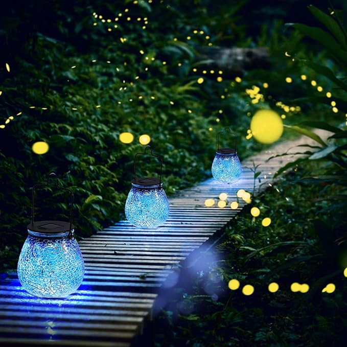 Bshine Mosaic Solar Lantern Outdoor Hanging Waterproof, Fragmented Glass Blue Mosaic Light Valentine's Day Indoor Decor Table, Garden Decor for Yard Outside, Lawn, Birthday Gift for Mom Gardening