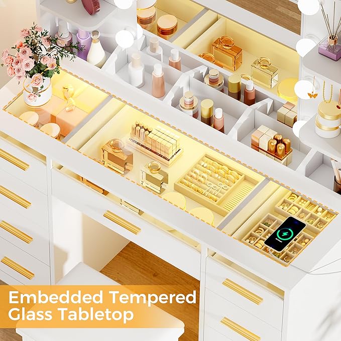 ANWBROAD Vanity Desk with Mirror and Lights 3 Colors Large Makeup Vanity Table Set Transparent Glass Top with 9 RGB Drawers, 4 Shelves Vanity Desk with Stool Power Outlet White Bedroom Women UBDT94W