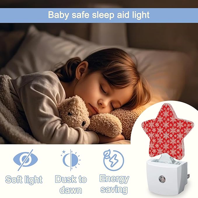 Red Christmas Snowflakes Dusk to Dawn Star Night Light,Winter Smart Sensor Nightlight for Bedroom Kitchen Hallway Stairs,Plug-in Energy Efficient Decor Desk Lamp Women Men Gifts