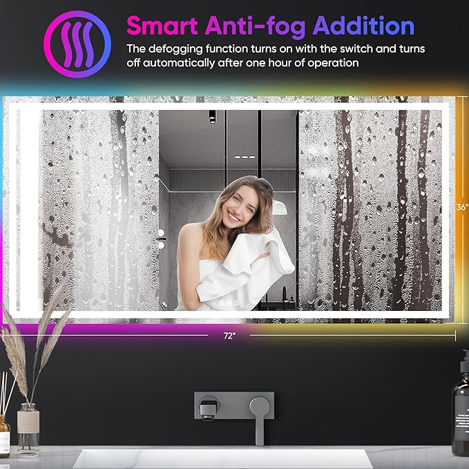 Antok 36"x 72" LED Bathroom Mirror with Lights, Anti-Fog, Dimmable, Lighted Vanity Mirror with Tempered Glass, Memory Function, 11 Light Modes, Safe Use, Horizontal, Vertical, Wall Mount