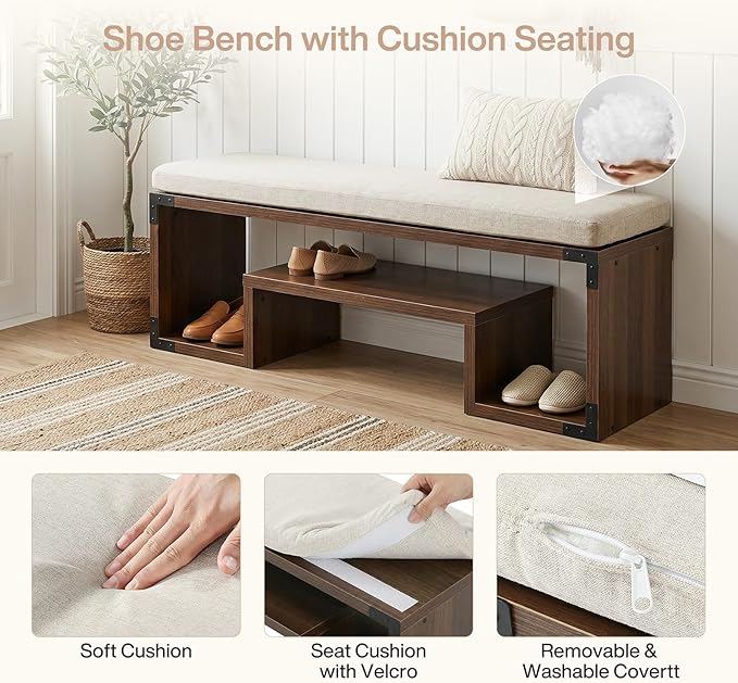 Tribesigns Shoe Storage Bench with Cushion, 47" Entryway Bench with Storage Shelf and Removable Padded Seat for Entryway, Hallway, Living Room, Bedroom, Vintage Brown