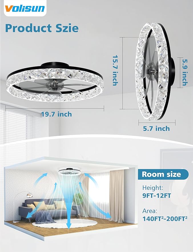 VOLISUN Low Profile Ceiling Fan with Lights and Remote, 20in Modern Ceiling Fans Flush Mount, 3000K-6500K Dimmable Bladeless LED Fan Light, Black Fandelier Ceiling Fans with Lights for Bedroom