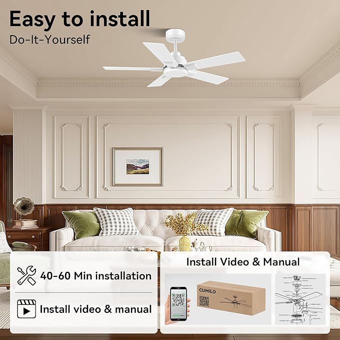 42 Inch Ceiling Fans with Lights,Smart Ceiling Fan with Light and Remote Control,Alexa,APP,White Indoor Outdoor Ceiling Fans for Bedroom,Living Room,Patio,5 Blades,Dimmable LED,6 Speed,Quiet DC Motor