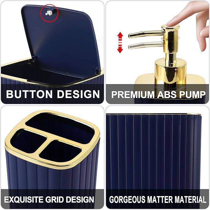 XLHOMO Bathroom Set with Shower Curtain and Rugs- 25PC Blue Bathroom Accessory Set, Navy Blue Shower Curtain Set, Toilet Brush, Trash Can, Qtip Holder & Soap Dispenser