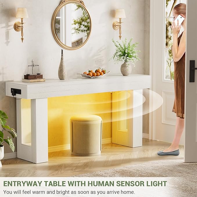 Unikito 63'' Farmhouse Console Table with Power Outlets and Sensor Light, Wooden Entryway Table with Storage, Rectangular Sofa Tables Behind The Couch for Entrance, Hallway, Living Room, Antique White