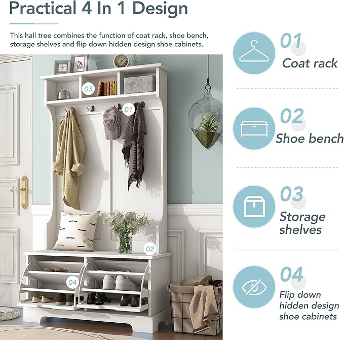 RUNNA Modern All in One Hall Tree with 3 Top Shelves and 2 Flip Shoe Storage Drawers,Bench and 4 Metal Hooks,Wood Organizer for Hallway Entryway Use (White@q)