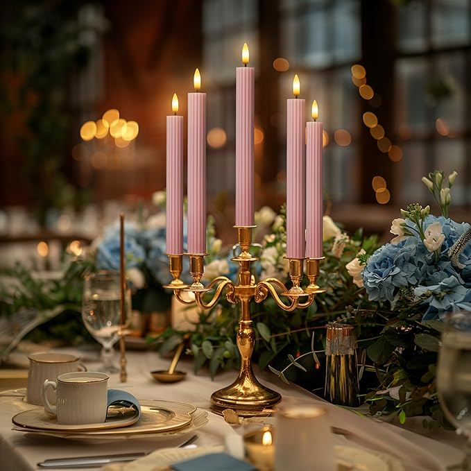 12 Pack, 10" LED Flameless Dusty Rose Fluted Ribbed Grooved Taper Candles, Remote & 24h Timer Memory, On/Off Button, Dimmable, Flicker Mode, Battery Operated, Christmas Menorah Wedding