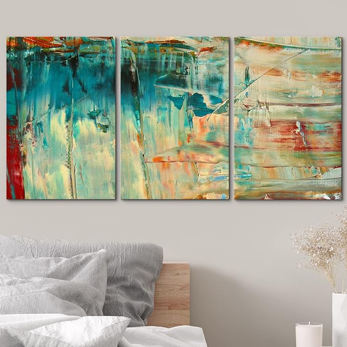 wall26 Canvas Print Wall Art Set Thick Teal, Tan & Orange Paint Color Field Abstract Shapes Illustrations Modern Art Chic Colorful Multicolor Ultra for Living Room, Bedroom, Office - 16"x24"x3