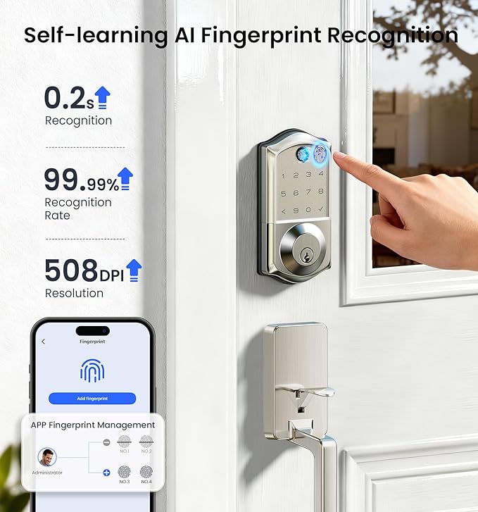 Veise VE017-D Smart Fingerprint Front Door Lock Set, App Control, 8-in-1 Keyless Entry Deadbolt with Lever Handle, Touchscreen Keypad, IP55 Weatherproof, Auto Lock, Easy Install, Satin Nickel