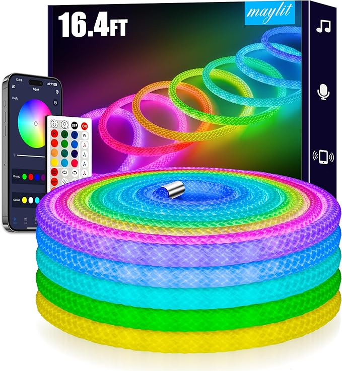 maylit 360 Degree Luminous Reticulate Weave Rope Lights, 16.4ft Addressable ICRGB LED Strip Lights, Music Sync, DIY Design, USB Powered Flexible LED Lights for Gaming Room Living Bedroom Wall Decor