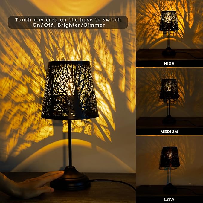 3 Level Dimmable Touch Table Lamps Set of 2, Black Metal Tree Pattern Shadow Lamp, Small Bedside Night Light for Kids, Vintage Accent Decor Lamp Halloween Indoor Mood Lighting Bedroom Living Room