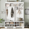 Modern Entryway 3-Tier Hall Tree, Coat Rack with Shoe Storage, Bench Seat, 6 Metal Hooks and Open Shelves, for Organized Homes (White)