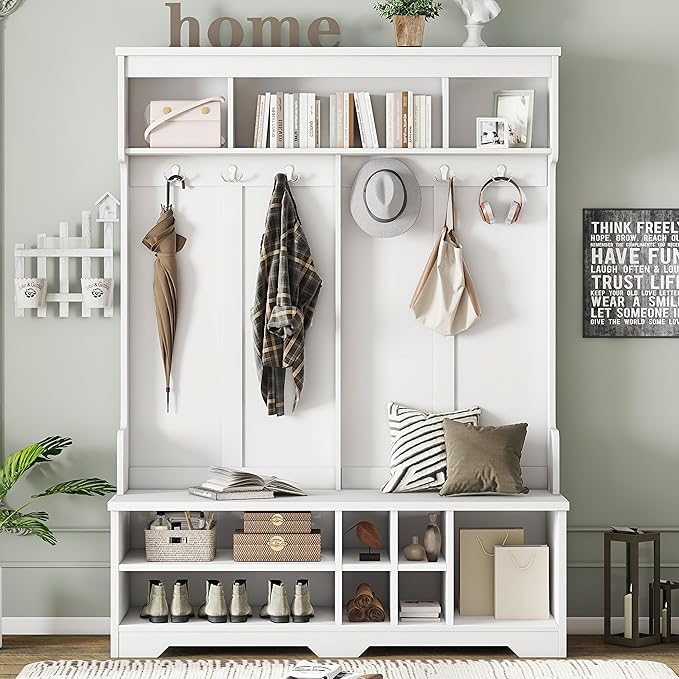 Modern Hall Tree with Metal Hooks and Storage Space, Wood Multi-Functional Entryway Coat Rack with Shoe Cubbies for Hallway Living Room Bedroom (White/r11)