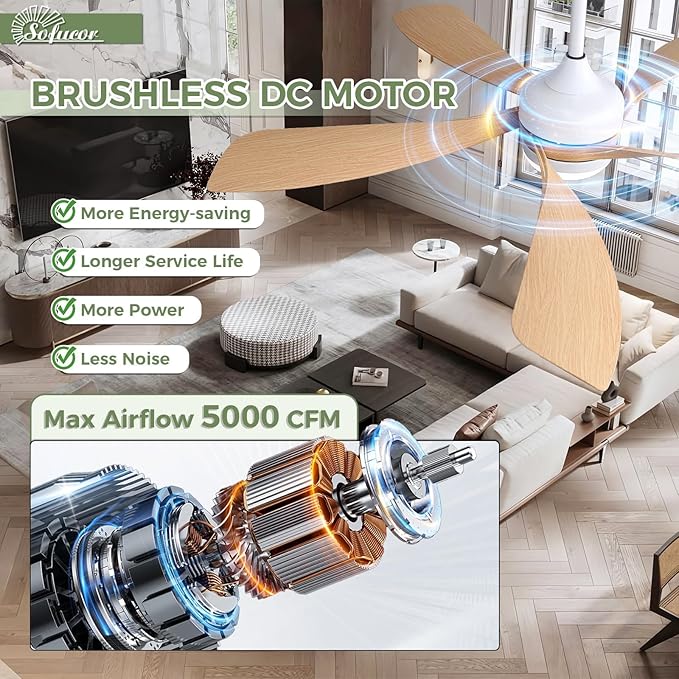 Sofucor 52 Inch Ceiling Fans with Lights and Remote, Outdoor Ceiling Fan with Light 6-Speed 3 CCT 3-Timer, Modern Low Profile Ceiling Fan 5 Blade Reversible DC Motor for Living Room Bedroom Patio