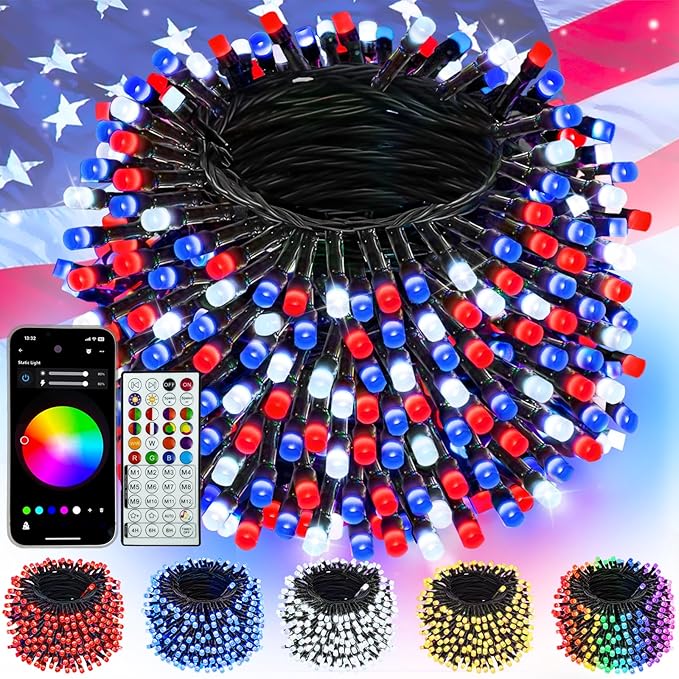 240LED Smart 4th of July String Lights App Controlled, 95FT Waterproof Red White and Blue Lights, Patriotic RGB Color Changing Twinkle Light with Remote & Timer Indoor Outdoor for Memorial Day Decor