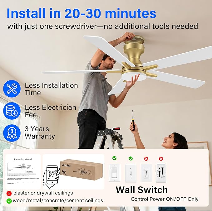 52 Inch Ceiling Fans with lights,RGB Low Profile Ceiling Fan with Light and Remote Control,Modern Flush Mount Ceiling Fans for Bedroom,Patio,Porch,Outdoor Indoor Use,in Black White and Gold,Quiet