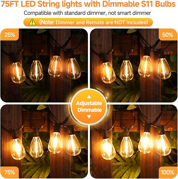 150FT(2x75FT) LED Outdoor String Lights S11 Dimmable Patio Light, with 44+3 Waterproof Shatterproof Edison 2700K Bulbs for Yard Balcony, Black