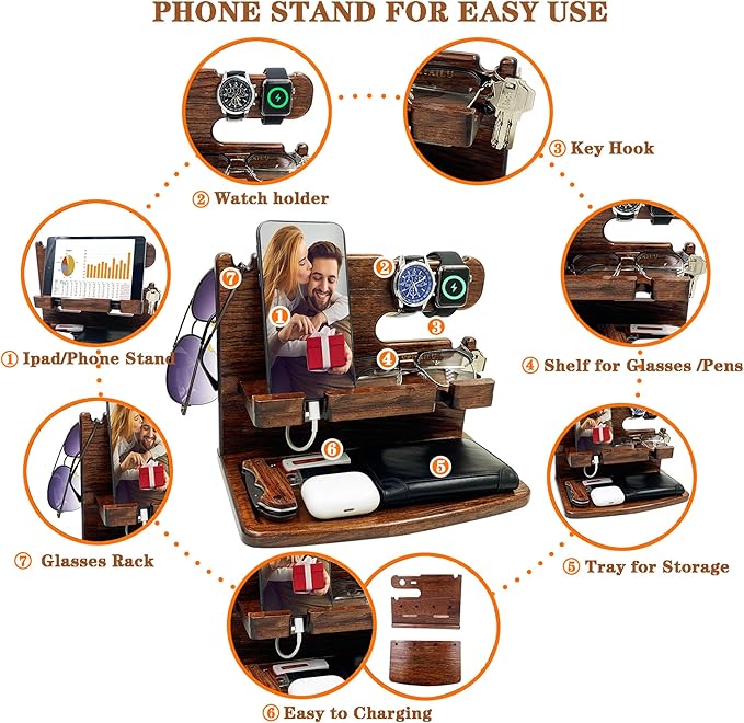 Gifts for Men Boyfriend Dad Husband Him Wood Phone Docking Station Nightstand Organizer for Men (Walnut)
