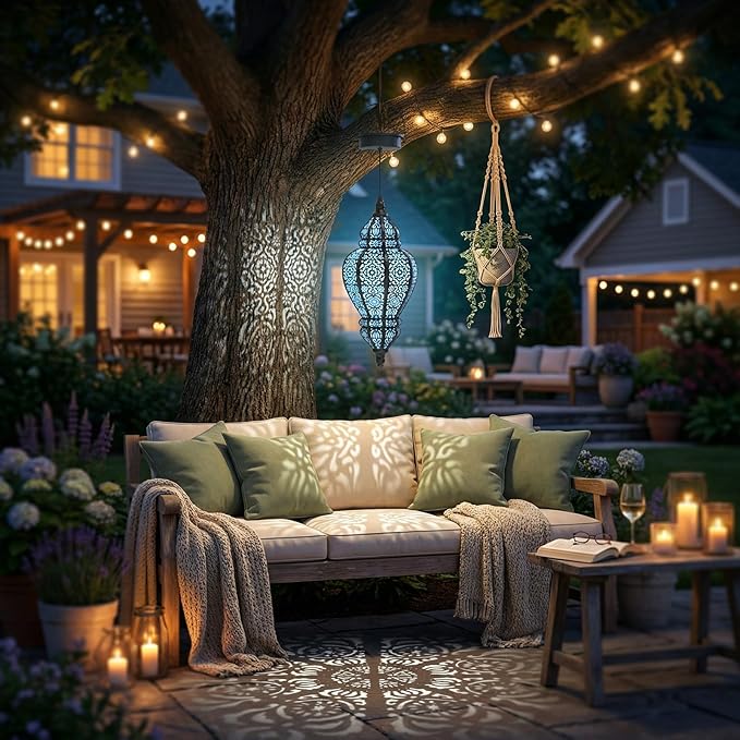 Hanging Solar Lights Outdoor Garden Decor Solar Lantern Waterproof Plastic Moroccan Outdoor Decorations for Patio Pathway Yard Backyard Garden Decorative (Black, 2)