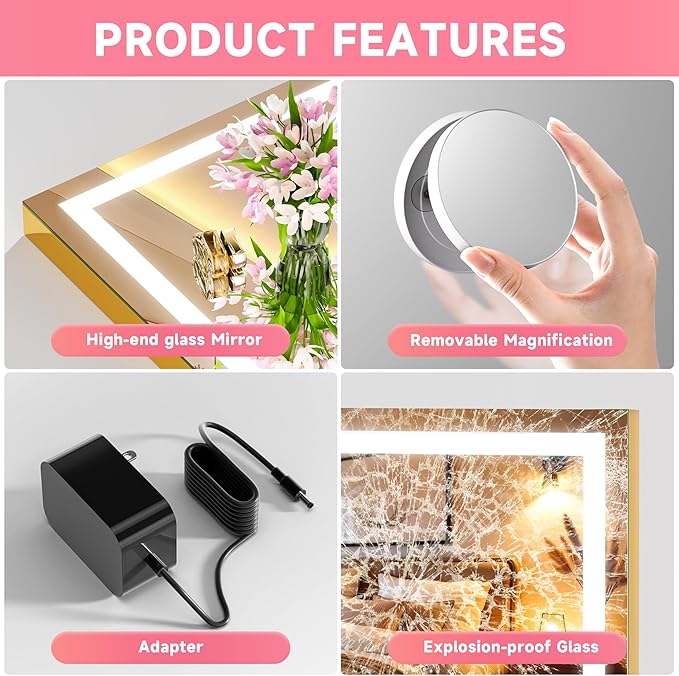 Vanity Mirror with Lights, 23" x 18" LED Makeup Mirror with 10X Magnification, Dimmable 3 Modes, Memory Function, Smart Touch, USB Charging Port, Lighted Makeup Mirror Square Glod