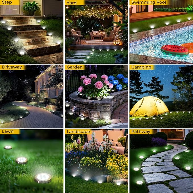 10 Pack Solar Ground Lights Outdoor, 8 LED Mini Flat Solar Disk Lights, IP65 Waterproof Anti-Rust Disc Light, Landscape Lighting for Garden Pathway Yard Walkway Driveway Lawn,Cool White