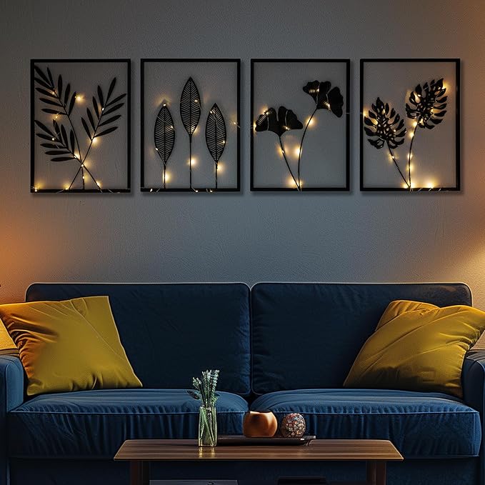 QXSXKJ Black Metal Wall Decor Framed, 3d Modern Metal Wall Art with Light, Minimalist Abstract Black Line Art DéCor, 4 Piece Home Art for Living Room Bedroom Bathroom