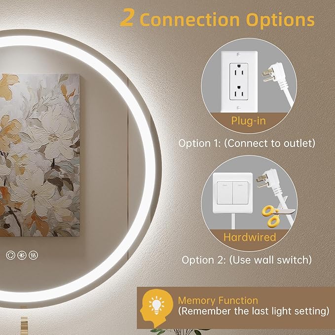 LOVESPEJO 24" Round LED Bathroom Mirror with Lights, Circle LED Mirror for Bathroom, Fogless, Dimmable, 3 Color Changing, IP54, Shatterproof
