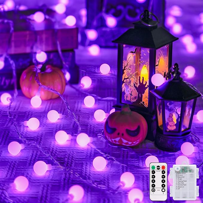 JMEXSUSS 100 LED Purple Globe String Lights Battery Operated, 33ft 8 Modes Indoor Christmas Lights with Remote, Battery Powered Fairy Lights Outdoor for Room Bedroom Party Patio Yard Decor