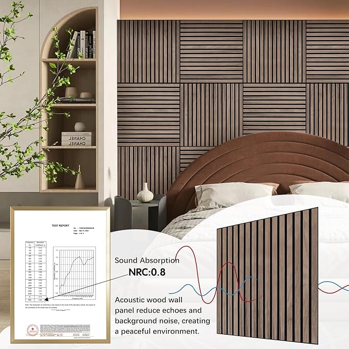 Wood Slat Wall Panel - 4 PCS Walnut Wood Panels for Wall, Natural Wood Veneer Acoustic Slat Wood Wall Panels - Wood Slats for Wall Soundproof Wood Panels 23.6" W x 23.6" L