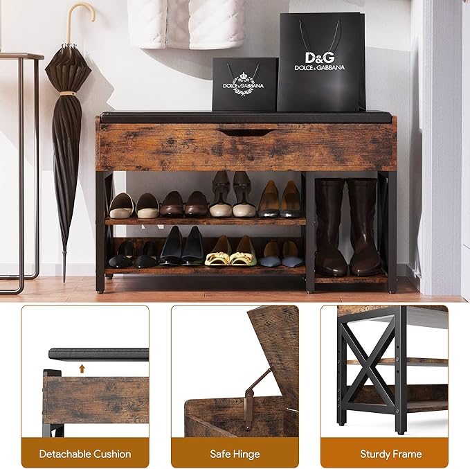 Shoe Bench, Lift Top Shoe Storage Bench, Adjustable Shelf Entryway Bench, Metal and Wood Shoe Rack Organizer with Cushion for Entry, Bedroom, Closet, Living Room, Hallway (Brown, 35.5“W)