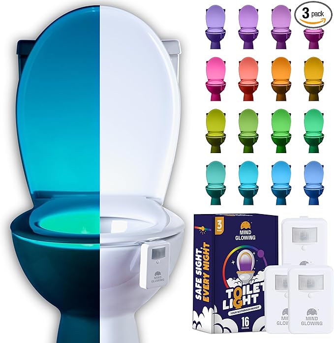 Mind-Glowing Toilet Light with Motion Sensor - Toilet Bowl Night Light with Color Changing LED, Dimmer - Funny Gag Gift for Men, Women, Dad, Mom - Kids Bathroom Accessories for Potty Training (3 Pack)