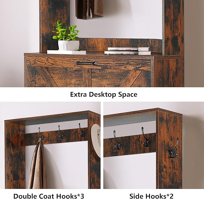 Betoko Hall Tree with Shoes Storage,Farmhouse Corner Coat Rack with 5 Coat Hooks, Wooden Entryway Tree Cabinet with 2 Shoes Cabinets for Hallway Mudroom, Brown