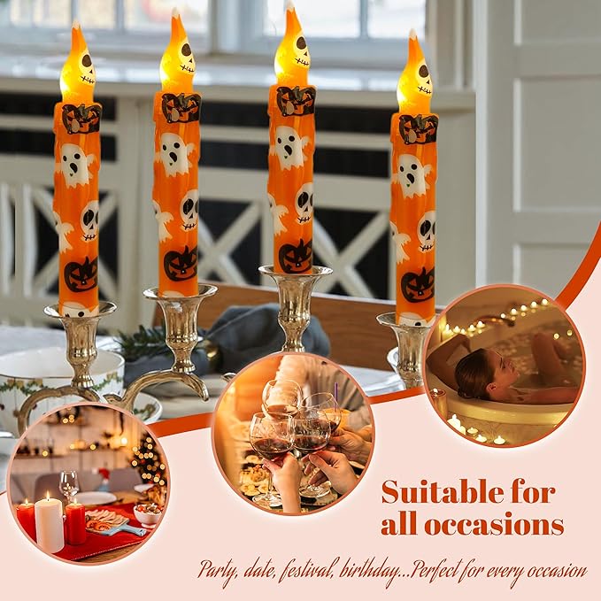 Halloween Candlesticks Flameless Taper Candle, 4pcs Printed LED Tapered Candles Remote Dipped Candle 6inch Battery Chandelier for Enchanting Weddings and Harry Potter Inspired Vigils(Hall)