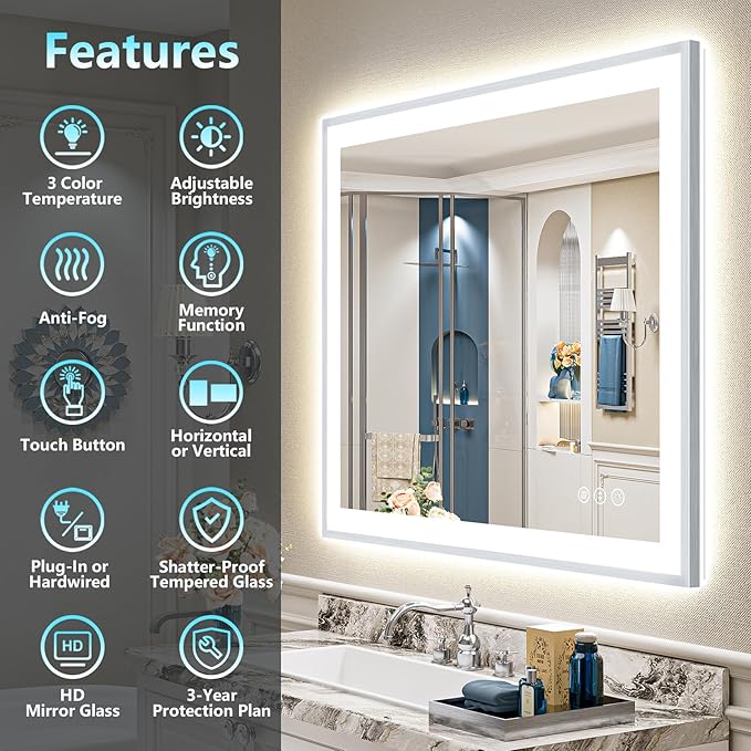 48x32 Brushed Nickel LED Bathroom Mirror with Lights, Sliver Framed Backlit and Front Lit Anti-Fog Lighted Vanity Mirrors for Bathroom Wall, Dimmable, 3 Colors, Memory, Tempered Glass, CRI＞90