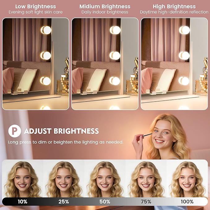 Kottova Vanity Mirror with Lights, LED Makeup Mirror, Lighted Makeup Mirror with 10X Zoom Mirror, Smart Touch 3 Colors Dimmable,360° Rotation,Suitable for Vanity Desk & Tabletop, White(19.6"x15.7")
