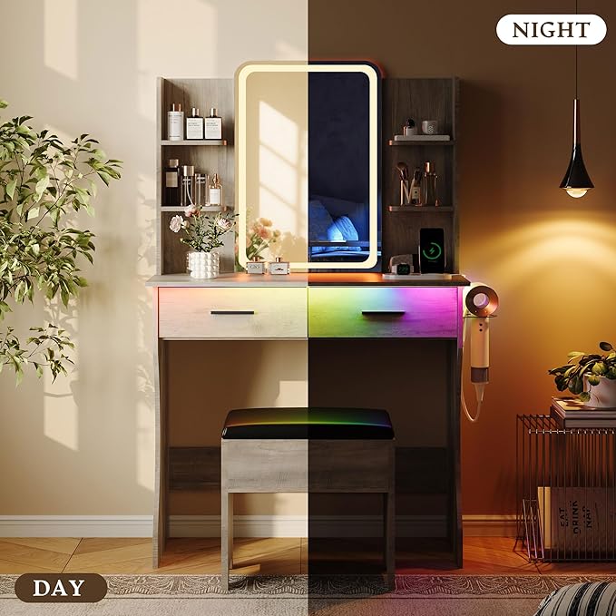 Makeup Vanity Desk with Mirror & Lights, Small Vanity Table Set for Girls with Chair & Power Outlet, Modern Dressing Table with 2 Drawers & 4 Storage Shelves, Adjustable RGB Lighting - Grey
