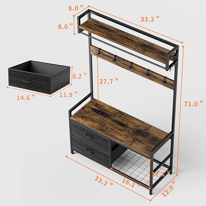Entryway Halltree Organizer Bench Rack System Featuring Two Slide Drawers, Triple Shoe Tiers, Upper Guarded Shelf, Hanging Rod, TwentyThree Hooks, Adjustable Feet, AntiTip Hardware, Rustic Style