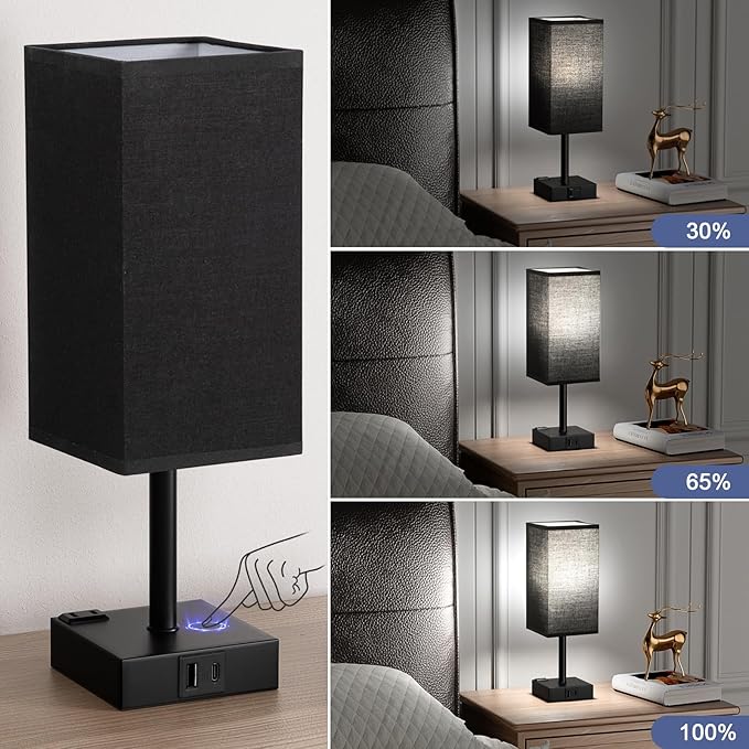 aooshine Black Lamp for Nightstand - Touch Table Lamp with Type C + A and AC Outlet, Square Charging Lamps for Bedroom Decor, Small Night Light for Office, Dorm Lamp for Men, E26 Bulb Included