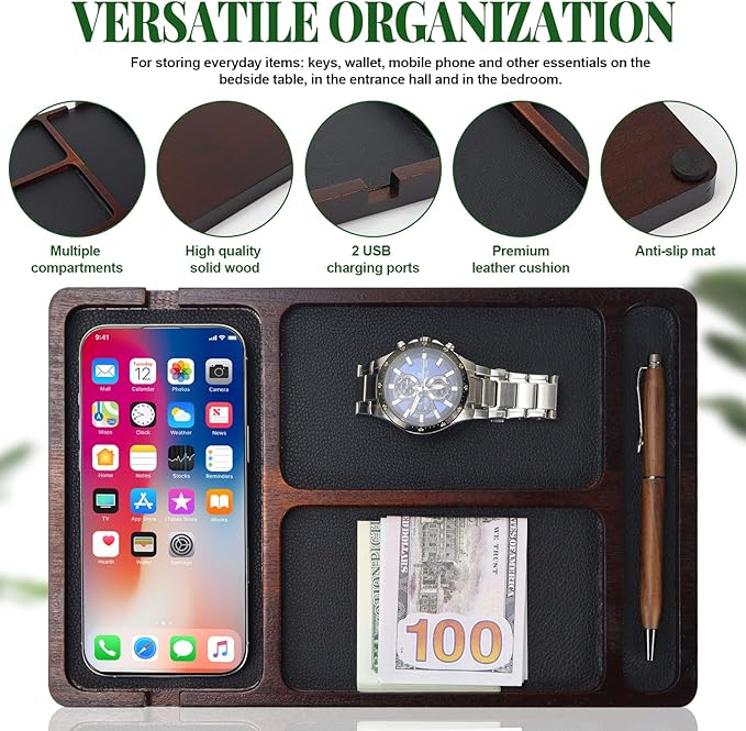MultiBey Acacia Wood Valet Tray with Leather Inlay | Mens Valet Tray & Desk Organizer | Elegant EDC Catchall Trays for Phone, Wallet, Keys, Watch, Jewelry