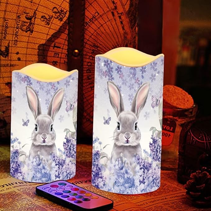 Easter Bunny Purple Floral Plastic Flameless Candles with Remote Control and Timer LED Flickering Battery Electric Pillar Candles for Table Easter Decoration