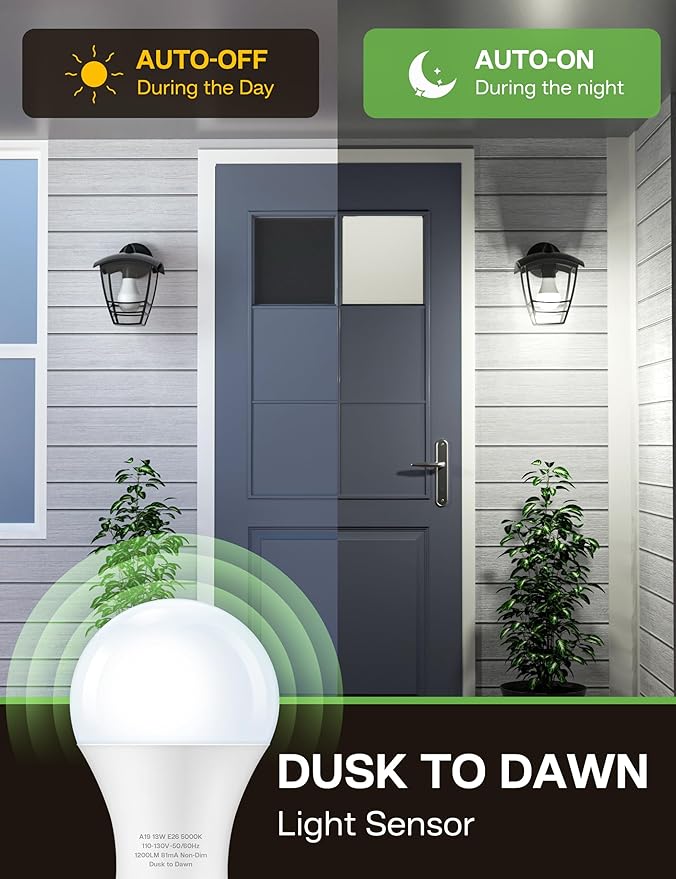 Dusk to Dawn Sensor LED Outdoor Light Bulb, Daylight White 5000K, A19 13W(100 Watt Equivalent) Bright Porch Lighting, 1200LM, Auto-On/Off Photocell Sensor for Garage Yard Patio Garden- 6 Pack