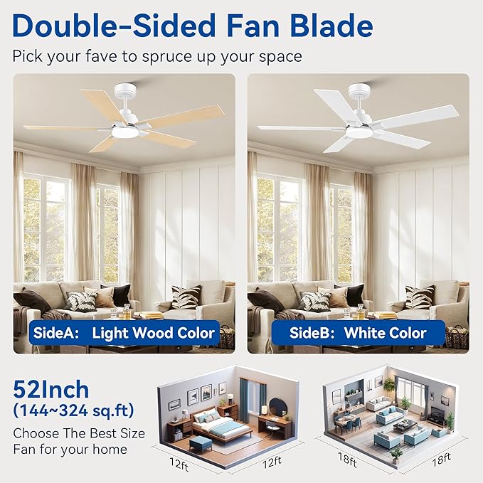 52Inch Smart Ceiling Fan with Lights Remote,APP&Alexa WIFI Controled,Quiet Reversible DC Motor,Dimmable LED,Indoor Outdoor Modern Ceiling Fan,for Living Room Bedroom Patio Porch,White&Light Wood