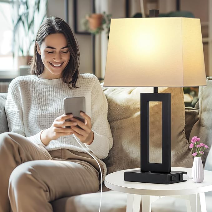 Table Lamp Set of 2 with USB C+A Ports & AC Outlet, Bedside Lamps, Modern Bedroom Lamps, Black Lamps for Bedroom Living Room,Nightstand Lamp（Push Button Swich/NO dimming