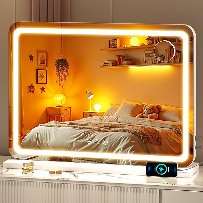 Vanity Mirror with Lights, 28" x 20" LED Makeup Mirror with 10X Magnification, Dimmable 3 Modes, Memory Function, Smart Touch, USB Charging Port, Lighted Makeup Mirror Round White