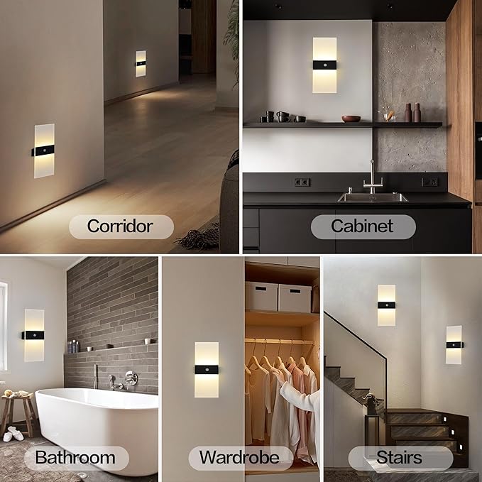 Rechargeable Wall Sconces Set of 2,Magnetic Wireless Led Wall Lamp, 2200Mah Battery Operated Motion Sensor Wall Lights Indoor Dimmable with Switch for Bedroom,Living Room,Hallway,Stair